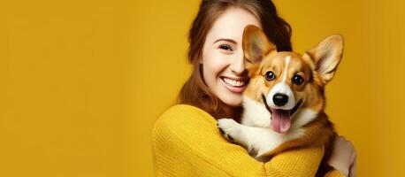 joven caucásico mujer sostiene corgi en amarillo antecedentes cariñosamente abraza su mascota foto