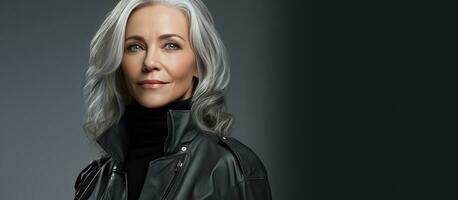 Gray haired middle aged woman in a fashionable jacket on a studio backdrop with room for text photo