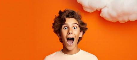 Surprised Caucasian teenage boy showcasing cloud design for advertisement and promotion isolated on orange backdrop Suggested for learning and school photo