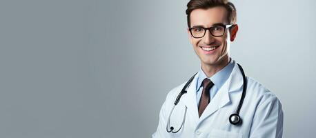 Male healthcare professional in white medical attire and with spectacles and a stethoscope smiles and gazes at the camera against a white backdrop with ro photo