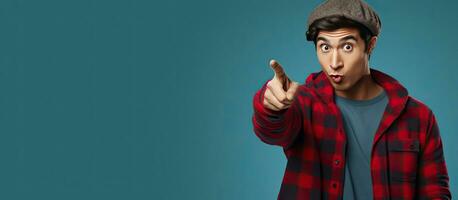 Young Asian man expressing surprise wearing beanie hat and red plaid flannel shirt pointing downwards at empty copy space isolated on blue background photo