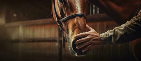 Horse racing concept including close up of hand holding horse in stable with copy space photo