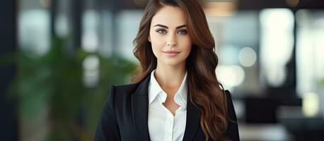 Modern business woman in office with copy space waist up photo