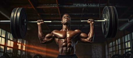 negro masculino carrocero hacer ejercicio a el gimnasio enfoque en su brazos mientras mirando hacia un abierto zona ajuste africano americano hombre trabajando fuera su bíceps pr foto