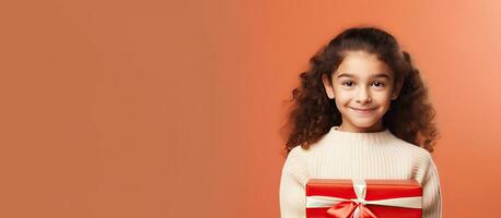 French teenager girl happily showcases a gift box photo