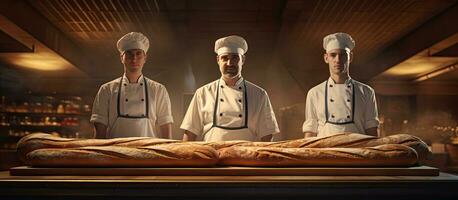 Group of bakers by a tray of baguettes ready to be baked in the bakery photo
