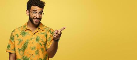 A Latin man in a printed shirt over a yellow background points and advertises suggesting the best price available photo