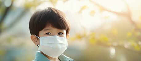 Asian child wearing a mask in park for virus protection empty area for copy photo