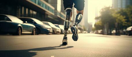 Disabled man with artificial limb walking on the street from a low angle view photo