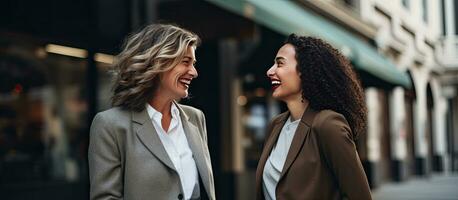 Successful middle aged women discussing business outside office photo