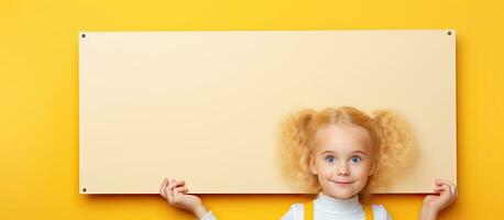 Blonde girl holding empty cork board on yellow background ready for text photo