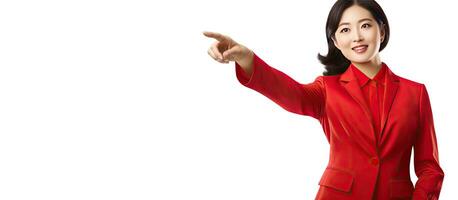 Beautiful Asian woman wearing red outfit pointing to the side isolated on white background photo