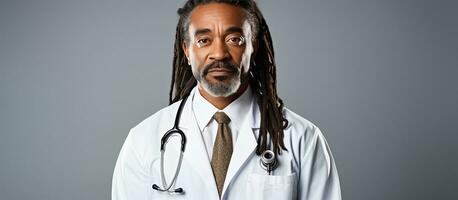 Black doctor with dreadlocks and stethoscope poses in lab coat against white background Vertical Medicine Clinic Health photo