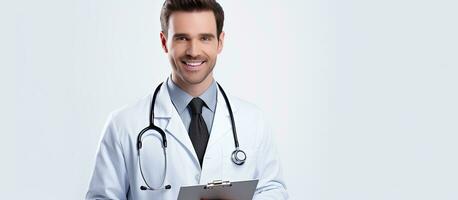 Male doctor in white coat with stethoscope and smile looking at camera with positive results on white background space for text healthcare photo