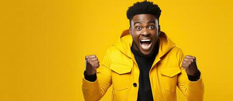 Handsome African man making breakthrough gesture on yellow background copy space photo