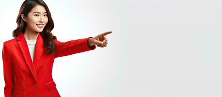 Beautiful Asian woman wearing red outfit pointing to the side isolated on white background photo