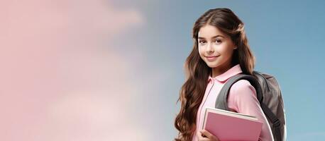 Adolescente niña estudiante con libros y mochila sonriente y señalando a rosado anuncio con espacio foto