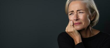 Sad mature woman in pain from toothache standing over grey background photo