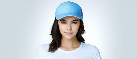 Young woman with brown hair wearing blue hat and shirt against white background with empty area photo