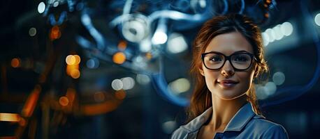 Caucasian woman with eyeglasses and engineering day text representing awareness support and career concept photo