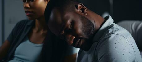 Painful wake up for black man and young African American woman massaging neck ache in bedroom photo