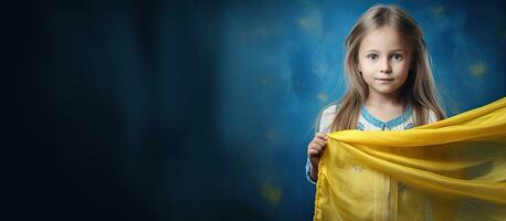 Young girl wearing traditional embroidered shirt holds Ukrainian flag with empty space Show support for Ukraine love for country Concept of freedom photo