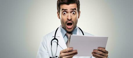 Unhappy man doctor with patient chart isolated background space for text health photo