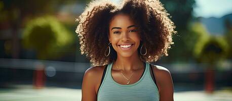 Smiling African American woman playing pickleball outdoors making eye contact with camera Ample room for text photo