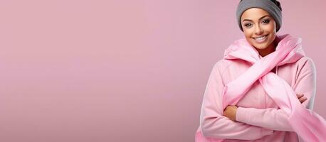 Woman with pink breast cancer awareness ribbon on coat smiling photo