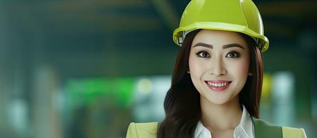 Composite image of a young female architect in workwear confident and focused with copy space She is of Asian descent and emphasizes safety protection and photo