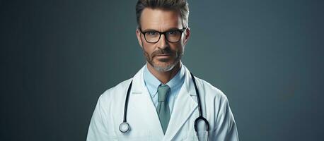 Serious doctor in white coat and eyeglasses with stethoscope examines camera on isolated gray background copy and text space for health related content photo