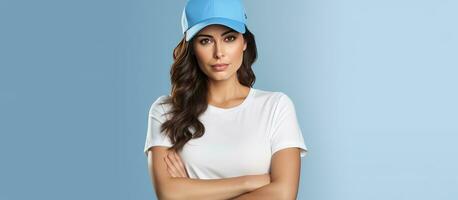 Young woman with brown hair wearing blue hat and shirt against white background with empty area photo