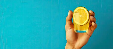 Caucasian man celebrates National Tequila Day with a shot and lemon slice photo