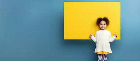 sonriente pequeño niña en amarillo y azul con vacío tablero foto