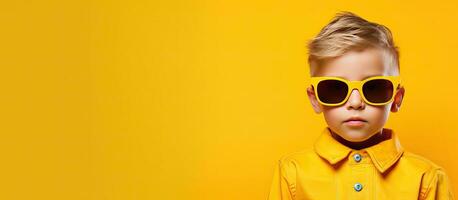 Caucasian boy with sunglasses on yellow background representing awareness and protection photo