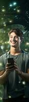 Smiling man using smartphone in park for social media day celebration wireless connection concept photo