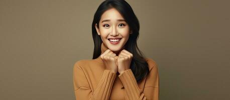 Young Asian woman amazed and delighted covering her cheek with hand in a brown turtleneck holding blank space on palm photo