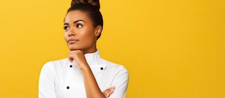 Thoughtful African American female chef in uniform contemplating opportunity isolated on yellow backdrop photo