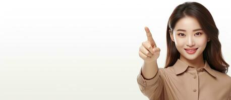 Happy young Asian woman in brown shirt pointing to empty space photo