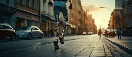 Disabled man with artificial limb walking on the street from a low angle view photo