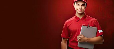 Composite of portrait of young man with clipboard and postal worker day text red background copy space delivery mail and appreciation concept photo