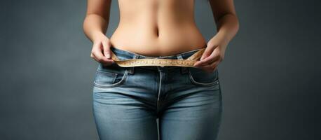 Woman displaying weight loss results in old jeans against a gray backdrop photo