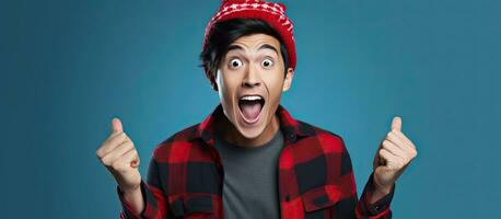 A bearded Asian man in a beanie and plaid shirt enthusiastically gestures towards blank space on a blue backdrop photo