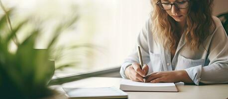 A young student at home studying and writing in her notebook with a pencil preparing for an exam photo