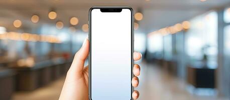 Close up image of female hands holding mobile device with blank screen representing technology concept photo