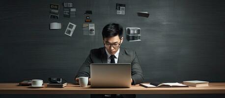 Determined Asian businessman at desk with blank chalkboard working on computer in office photo