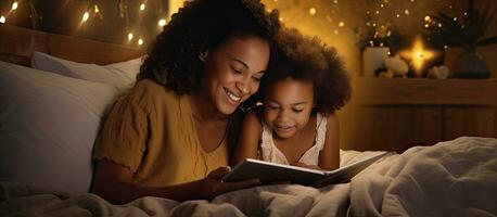 Content black mother and daughter enjoying laptop together in bed open area for text wide view photo