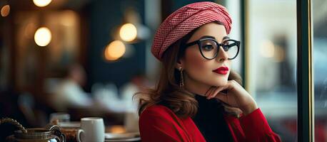 Attractive woman in caf stylishly looking away photo