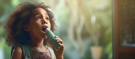 africano niña con asma recibe inhalador desde preocupado mamá foto