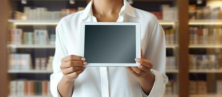 Woman using digital tablet for online shopping communication and work at home or office with empty area photo